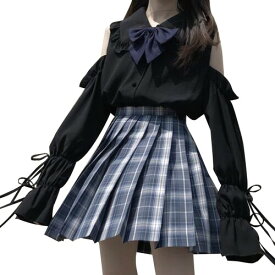 (RONGUI) 女子高生 コスプレ 長袖 レディース ブラウス 肩出し トップス 大きいサイズ 学生服 女子 制服 (M, ブラック)