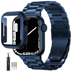 (FALSAD) 新型 Apple Watch ステンレス バンド 45mm 41mm 保護ケース付き 対応 Series9/Series8/Series7 アップルウォッチ交換バンド, iwatch メタル 金属 長さ調整器具付き メンズ レディース兼用