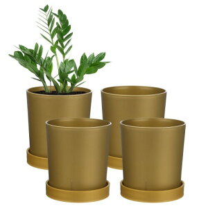 M METERXITY 4個セットの植木鉢 4.5"のドレン穴付きプラスチック製花ポット サボテン/多肉植物/小さな植物/家庭/庭園用 屋内植物用プランター(ゴ ールド)