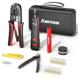 AMPCOM LANケーブル自作工具キット 7点工具セット圧着ペンチ プチダウン工具 外皮むき工具 CAT6 RJ45コネクタ 収納ケース付き