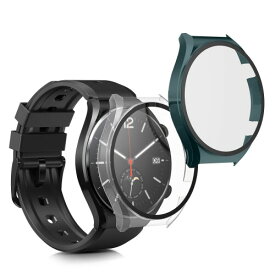 kwmobile 2x ケース 対応: Xiaomi Watch S1 カバー - フルボディ ガラス 耐衝撃 超薄型 透明/緑色