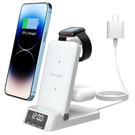 Barggn 4 in 1 ワイヤレス充電ステーション、急速充電器 qi充電スタンド 折りたたみ式 時計付き Compatible with iPhone 15 14 13 12 11 Pro/Pro Max 8 Plus 7 など、For アップル Watch/AirPodsに対応 (PSE認証、20W