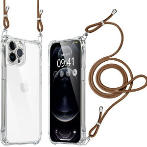 iPhone 12promax ケース クリア ショルダー 耐衝撃 レンズ保護 肩掛け 首かけ 斜めがけ 縄掛け カバー 調節可能な 透明 落下防止 縦/横 紛失防止 2WAY (ブラウン)