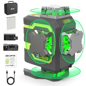 LasGoo LG-4D 16 緑色レーザービーム 4×360° レーザーレベル、水平および垂直の両方向レイアウトが可能なセルフレベリングツール、建設や壁掛け用途に最適、磁気ピボットブラケット付き