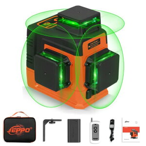 JEPPO レーザー墨出し器グリーンフルライン、3x360°墨出しレーザー自動補正、3D 12ラインオートレーザーレベルは壁掛け可能です、建築、天井、絵の吊り下げに適しています、リモコン、4