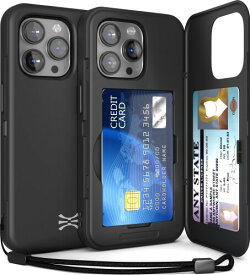 TORU CX SLIM iPhone 15 Pro ケース カード背面収納 | 隠れた 手帳型 3枚 カード | 2重構造 耐衝撃 IC カード ポケット パススリム カバー (ストラップ, ミラー 含ま) - ブラック