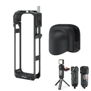 Insta360 X5対応 カメラケージ+シリコンレンズキャップ メタル フレーム アルミニウム合金保護ケージケース アクションカメラリグ、コールドシューマウント付き ユニバーサル1/4インチ ス