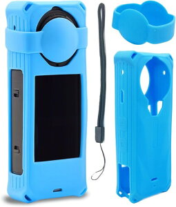 Insta360 X5用 シリコンケース レンズキャップ ストラップ 3点入 レンズカバープロテクター 保護スリーブ シリコン素材 傷防止 滑り止め for Insta 360 X5カメラアクセサリー (青)