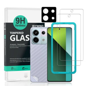 IBYWIND ガラスフィルム Redmi Note 13 Pro 5G/Poco X6 5G 6.67"用(2 パック )、硬度 9H 強化ガラス、カメラレンズプロテクター 1 枚付き、背面カーボンファイバーフィルム 1 枚、傷防止