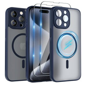 SURPHY iPhone15 pro用ケース 半透明 MagSafe対応,フィルム付き 6.1インチ対応(2023) 携帯ケース iphone15 プロ(カメラの全面保護)マット感 黄ばみなし 指紋防止 マグネット搭載 (ブルー)
