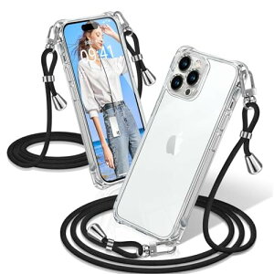 iPhone 12 Pro ケース クリア ショルダー 耐衝撃 iPhone12Pro スマホケース 透明 織りストラップ付き 肩がけ 首掛け 紐付き アイフォン12Pro カバー 縄掛け シングルショルダーロープ 斜めがけ 調