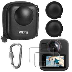 FiTSTILL �u���b�N PU �n�[�h�g���x���X�g���[�W�P�[�X + 2 ���̋����K���X�X�N���[���v���e�N�^�[ + �V���R�������Y�ی�J�o�[ Go Pro Max 2 �p 9H �d�x�����K���X Ultra HD Go Pro Max 2 �A�N�Z�T��