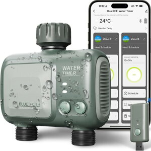 2024年新型 自動散水タイマー WIFI 散水ホース 適格請求書ok スプリンクラー 2 アウトレット ガーデンタイマー、ワイヤレス散水タイマー APP 制御インテリジェントモード (グリーン)