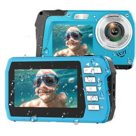 防水デジカメ4K水中カメラ3.5m防水カメラ 48MP オートフォーカス IPS デュアルスクリーン(3インチ/2インチ) 自撮り シュノーケリング用デジタルカメラ 1500mAh バッテリー(ブルー)