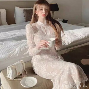 ドレスデート 2色 上下セット ロングドレス 衣装 パーティドレス カラードレス ベルティングドレス 長袖 Uネック ラウンドネック Aライン フレア レース 異素材切り替え ドッキング 透け感