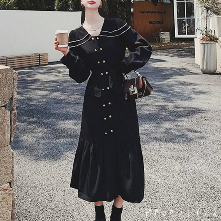 楽天市場】ロングワンピ ゆったり 長袖 Vネック 襟付き ティアード 