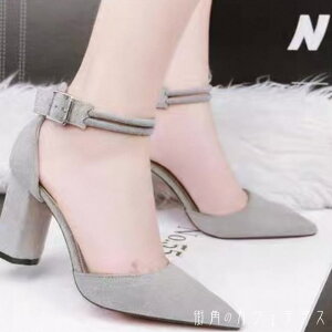 パンプス サンダル 3色 靴 シューズ チャンキーヒール ハイヒール ポインテットゥ ベルト バックル 紐バンド スエード エレガント 可愛い 大人可愛い きれいめ シンプル カジュアル シック