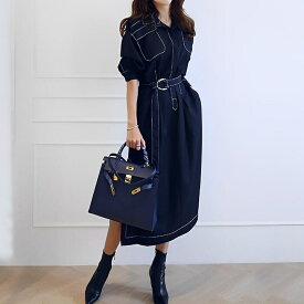 ワンピース レディース シャツワンピース シャツワンピ ロングワンピース ロング丈 ミモレ丈 長袖 スキッパー ステッチ フレア aライン スリット サイドスリット ベルト ウエストマーク ポケット シンプル 無地 着痩せ 細見え 体型カバー 大人 上品 きれいめ カジュアル