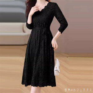 ドレス ロングドレス ワンピース パーティドレス ベルティングドレス ベルティングドレス カラードレス ベルティングドレス 2色 ロング ミモレ 袖あり 長袖 Vネック Aライン フレア レース