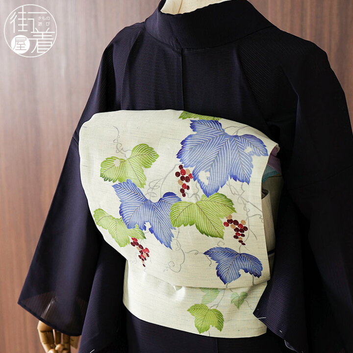 夏帯 袋帯 紗紬 葡萄 手描き 遠州鼠色 長尺 O-4875