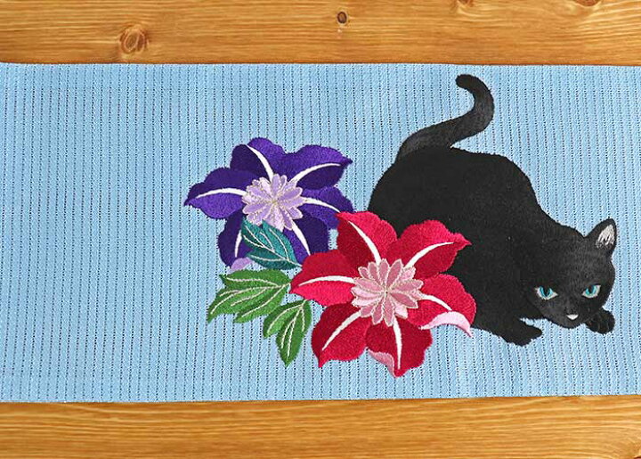 楽天市場】「撫松庵」 刺繍細帯 - 猫と鉄線（ミズイロ/109-302-108-72 