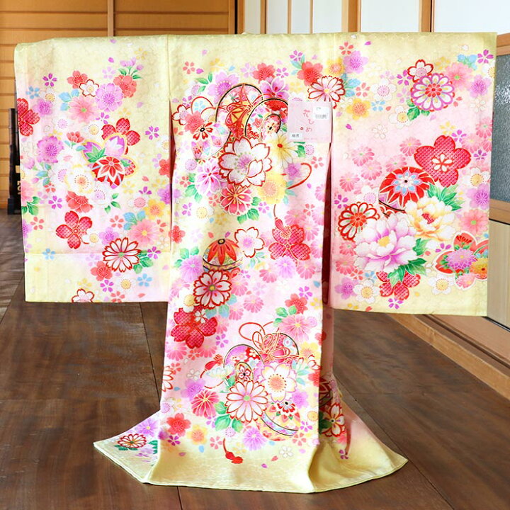 楽天市場】お宮参り 女の子 初着 産着 鼓に花尽くし 黄色 正絹 一つ身  
