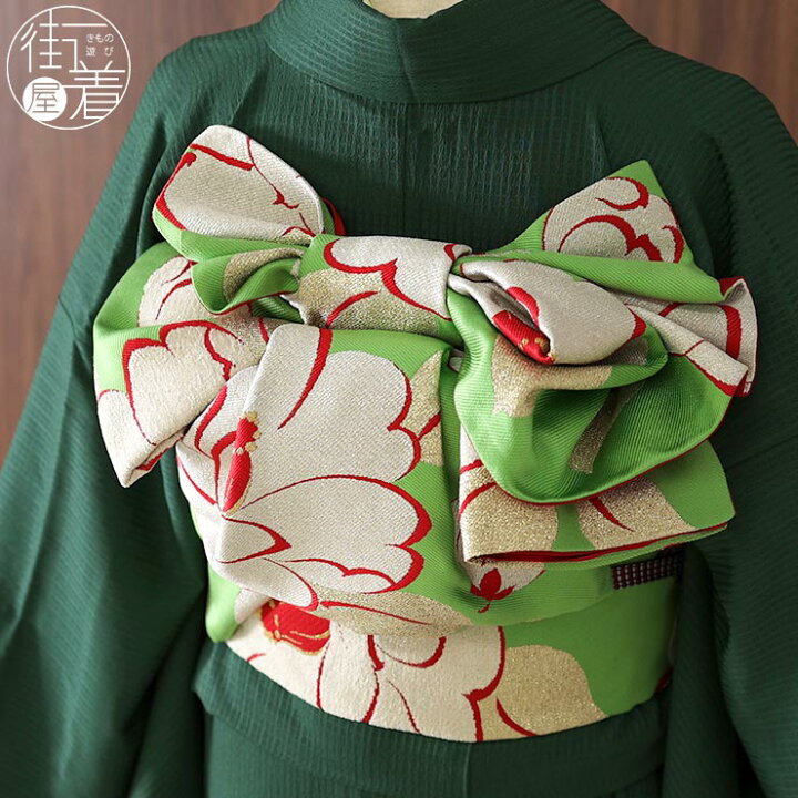 楽天市場】[ 振袖 帯 ] 成人式 袋帯 椿 黄緑 単品 正絹 ツバキ 花柄  