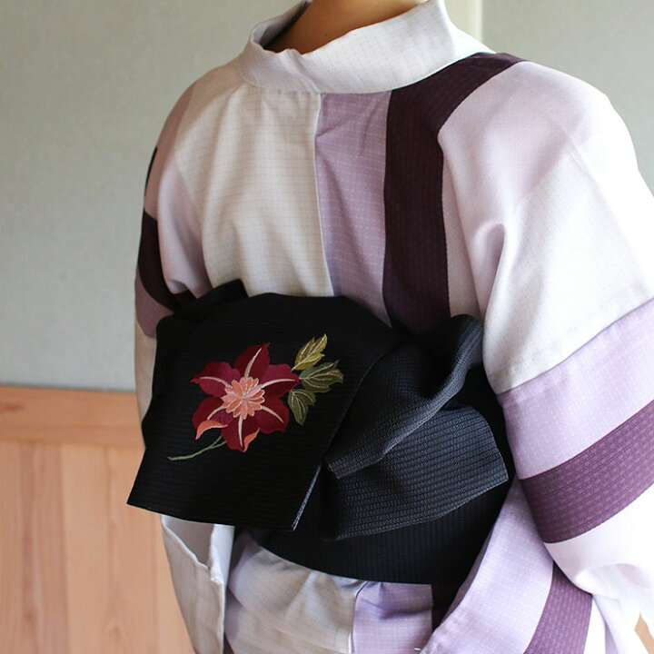 楽天市場】[華やか 刺繍帯] 細帯 半巾帯 猫と鉄線（クロ/104-302-005  