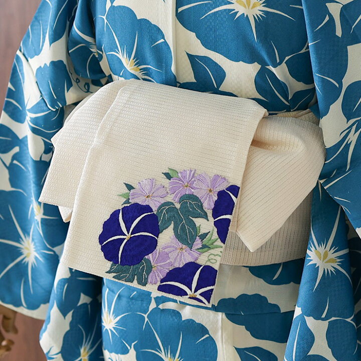 楽天市場】[華やかな刺繍！] 絽 細帯 半巾帯 花丸朝顔 (オフホワイト  