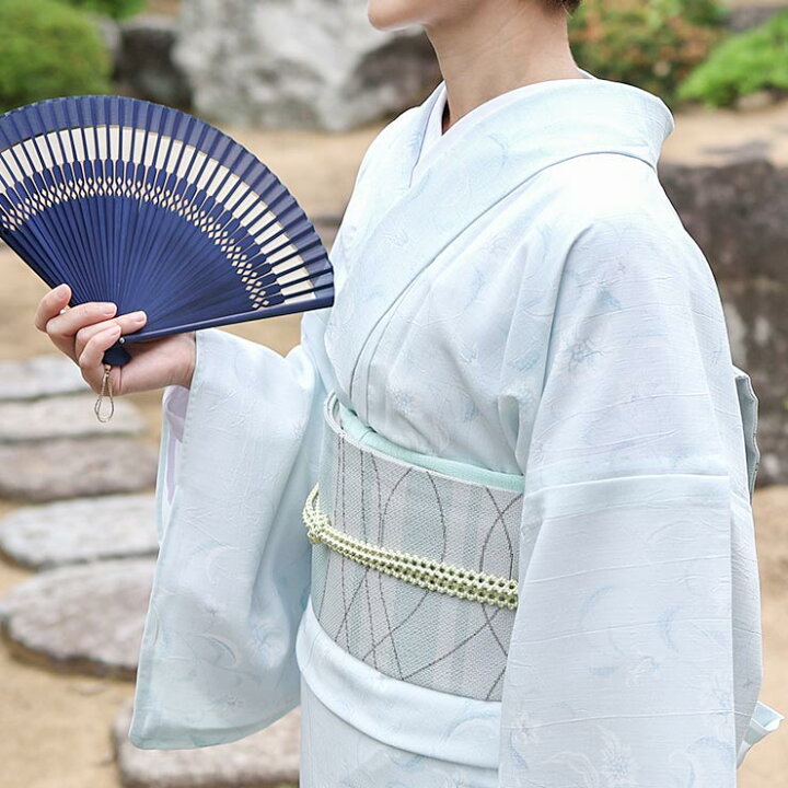 扇柄 紬の単衣 上質 青 着物
