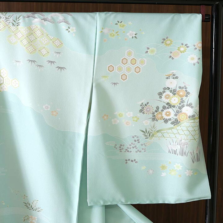 AA4066誂仕立付訪問着オリジナルグリーン系桜花筏 - 草履