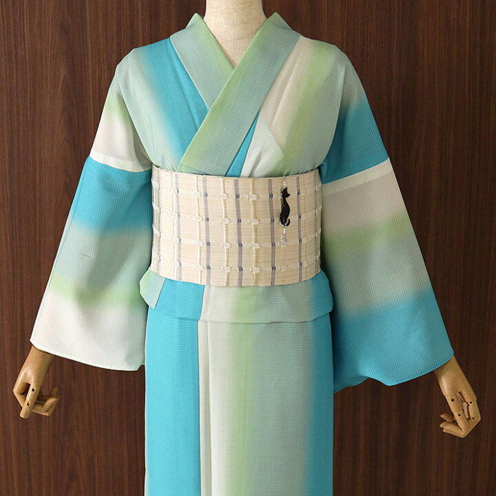 未使用品 お召し ぼかし染 淡い青緑 身丈158cm お洒落 仕立て上がり 