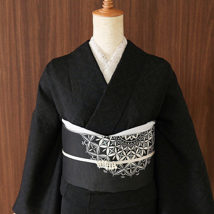 本日お仕立て上り【片身変わり◇麻の葉柄小紋×黒地幾何学文様小紋】緑 