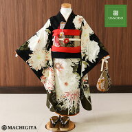 ＼WeekendSale開催中!／【レンタル】七五三 セット 7歳 女の子 着物「黒地に牡丹と薔薇] 深緑 金 色 カー…