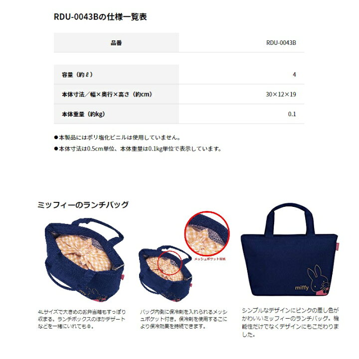 サーモス 保冷ランチバッグ RDU-0043B 2020年モデル ネイビー 紺 ミッフィー L30×W12×H19cm 4リットル THERMOS Insulated Lunch Bag 4L Navy Miffy 20sp 町のゴルフ屋さん サーモス 保冷ランチバッグ 4L ミッフィー