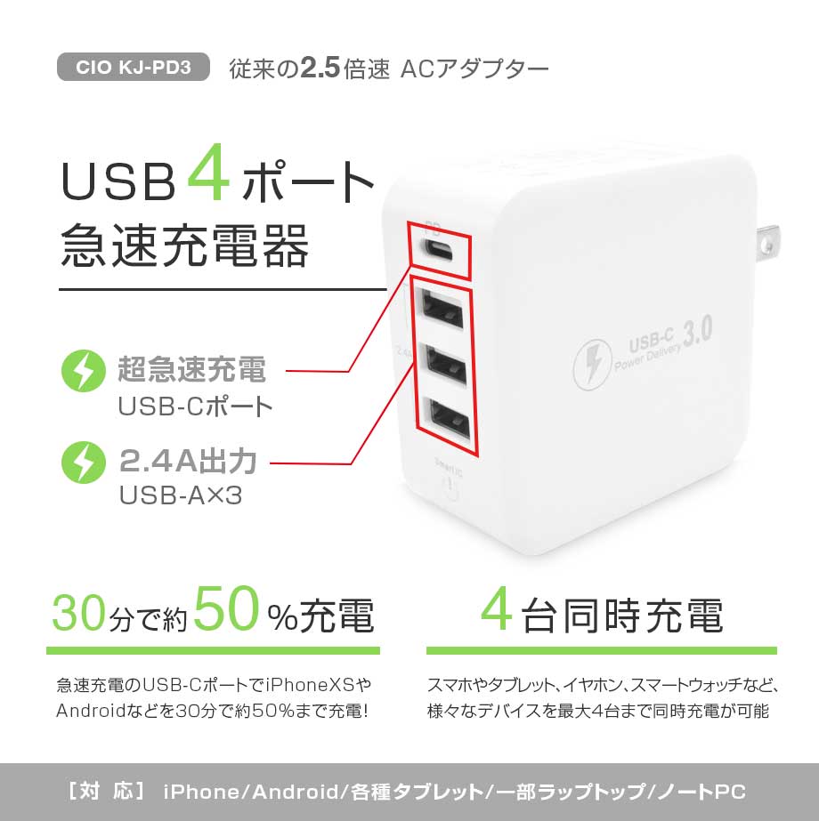 信頼 USB充電器 白 4ポート アダプター 4台 iPhone Android