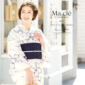 【5/1~7★クーポンで最大10％OFF】浴衣 3点セット（浴衣/半幅帯/下駄） Macle by bonheur saisons マクレ 白系 アイボリー 紫 紺 桜 花 雨縞 金魚 綿 変わり織 夏 女性用 浴衣セット ボヌール 30代 40代 ママ 大人浴衣 【フリーサイズ】【送料無料】【あす楽対応】