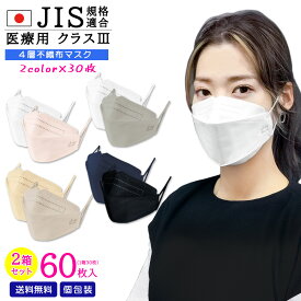 2色セット【安心・確実・楽天倉庫発送】60枚 JIS規格適合 医療用クラス3 4層構造 日本製 不織布マスク 個包装 送料無料 快適立体マスク 大人マスク