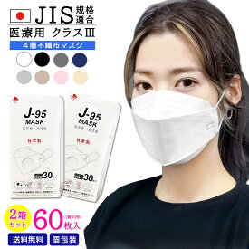 2箱セット【安心・確実・楽天倉庫発送】60枚 日本製 J-95 【JIS規格適合 医療用クラス3】4層構造 不織布マスク 個包装 送料無料 快適立体マスク 大人マスク