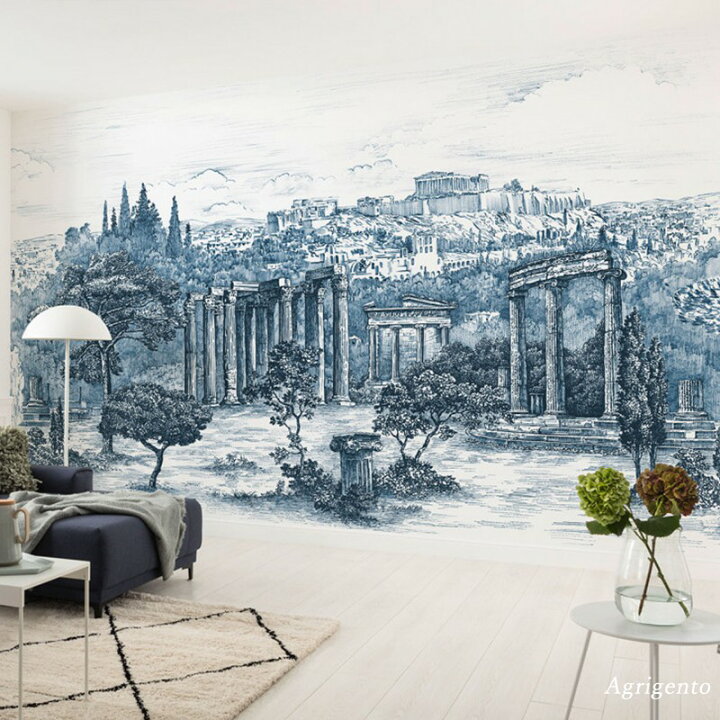 楽天市場 ポイント10倍 日時 4h限定 壁紙 輸入壁紙 おしゃれ クロス 輸入壁紙 紙 店舗 内装 撮影 ドイツ製 はがせる 街並み 遺跡 壁画壁紙 ブルー モノクロデザイン 景色 風景 アグリジェント Ljx8 056 Csz カーテン インテリア Diy 窓際貴族