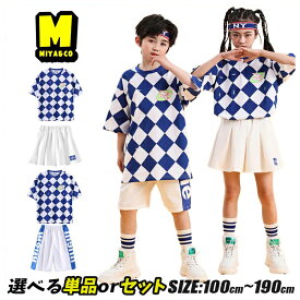 ブロックチェック ブルー ボトムス格子柄 キッズダンス衣装 セットアップ 女の子 男の子 ステージ衣装 ヒップホップ キッズ ダンスウェア 派手 tシャツ 半袖 プリーツスカート 短パン hiphop K-POP 韓国 子供服 チアガール 応援団 演出服 練習着 普段着 発表会 大きいサイズ