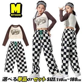 キッズ ダンスウェア 女の子 チアガール 応援団 ロンt ショート丈 トップス へそ出し ブロックチェック パンツ チェック ワイドパンツ ダボパン キッズダンス衣装 セットアップ ヒップホップ hiphop ジャズダンス 上下セット K-POP 韓国 子供服 演出服 原宿系 練習着 発表会