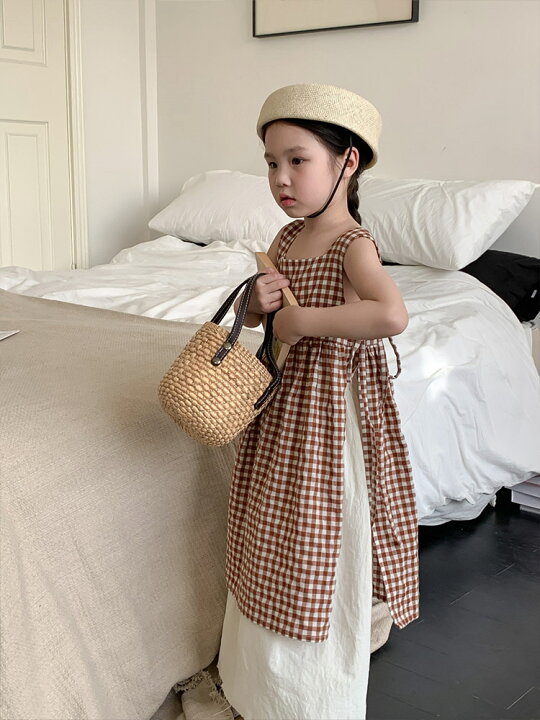 楽天市場】チェック ワンピース カーキ 袖なし 女の子 夏 韓国子供服  