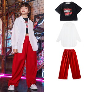 キッズ ダンス衣装 セットアップ 白 シャツ 長袖 赤 ロングパンツ スウェットパンツ ジャージ おしゃれ ダンスウェア 女の子 男の子 ジュニア 普段着 hiphop 上下セット かっこいい 子供服 韓