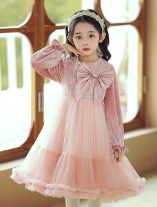 裏起毛 キッズ ワンピース 女の子 チュール 子供服 長袖 可愛い プリンセス おしゃれ チュチュスカート リボン セレモニードレス 赤ちゃん ガールズ 洋服 チュールスカート 蝶結び レース 結