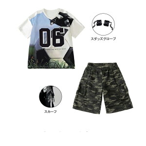 迷彩 サッカー風 サッカー柄 キッズダンス衣装 セットアップ ユニセックス ヒップホップ ホワイト tシャツ 半袖 数字柄 アーミーグリーン カーゴパンツ 短パン 男の子 上下セット ストリー