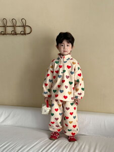 総柄 フリース 上下セット ジャージ スウェット セット キッズ 子供服 秋冬 白系 裏起毛 ユニセックス ジャケット スウェットパンツ イチゴ柄 ハート柄 男の子 女の子 兄妹 150 140 130 120 110 100