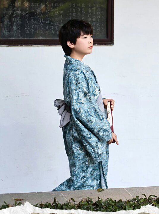 楽天市場】浴衣キッズ 和風龍 縁起柄 男の子 浴衣 青 波柄 綿麻浴衣 