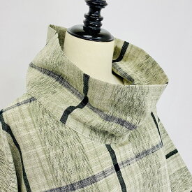 【遠州織り】 ロールカラーポンチョ 薄グリーン系 絣格子 綿100 天然素材 オーガニックコットン ゆったり フリーサイズ 和 和風 和柄 ナチュラル 服 日本製 40代 50代 60代 70代 80代 ぷちままん 前田屋