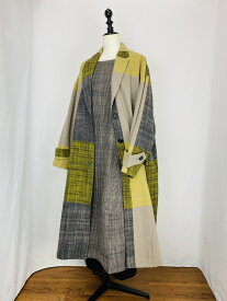 【遠州織物】 ビッグテーラードコート 逆スラブ大格子 チェック 黄色系 長袖 ゆったり ミセス 40代 50代 60代 70代 80代 春 秋 天然素材 和風 ナチュラル 服 日本製 フリーサイズ ぷちままん 前田屋